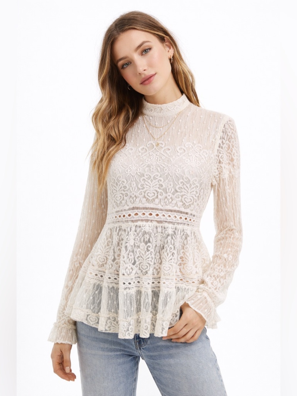 Hinge Boho Peplum Lace Top Size Small Cream Babydoll Romantic Fairy Ethereal